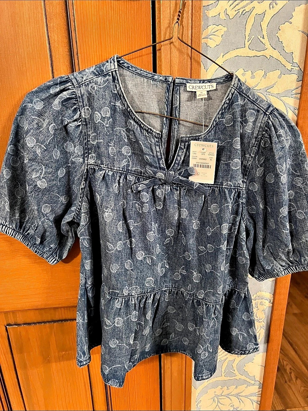 Crewcuts Girls' Puff-Sleeve Cherry Top in Drapey Denim Girls Size XL